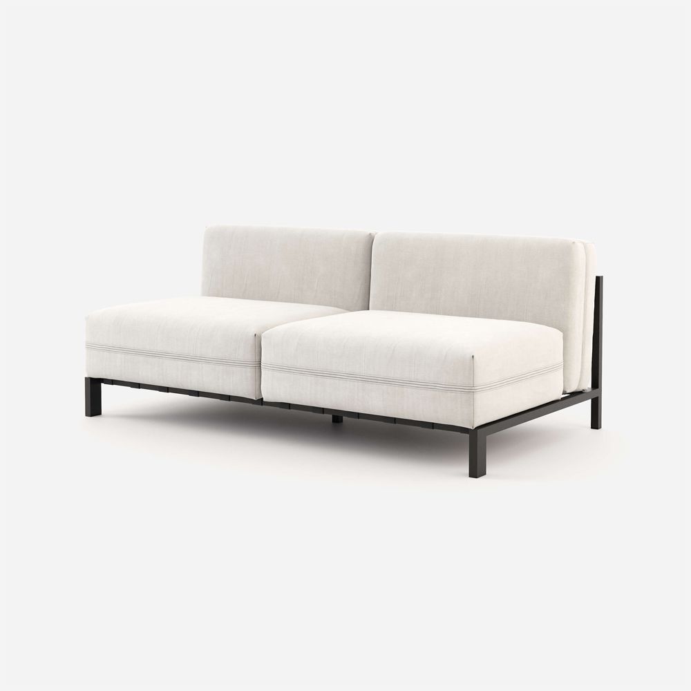 White, contemporary, armless, outdoor sofa with black frame