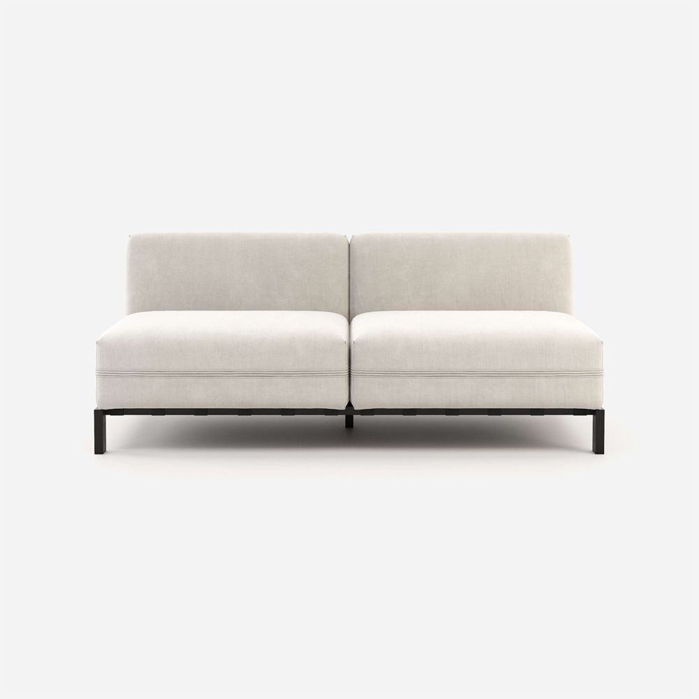 White, contemporary, armless, outdoor sofa with black frame