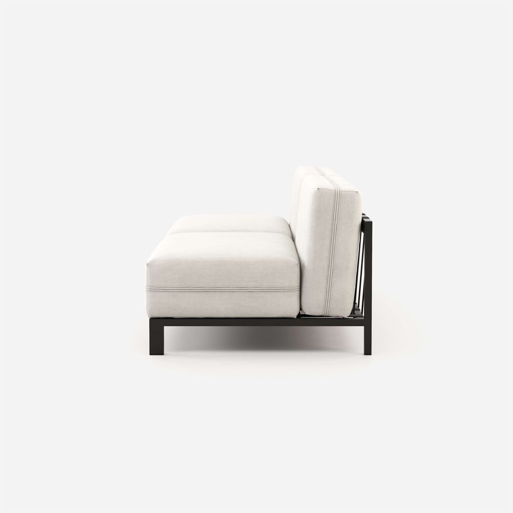 White, contemporary, armless, outdoor sofa with dark brown frame