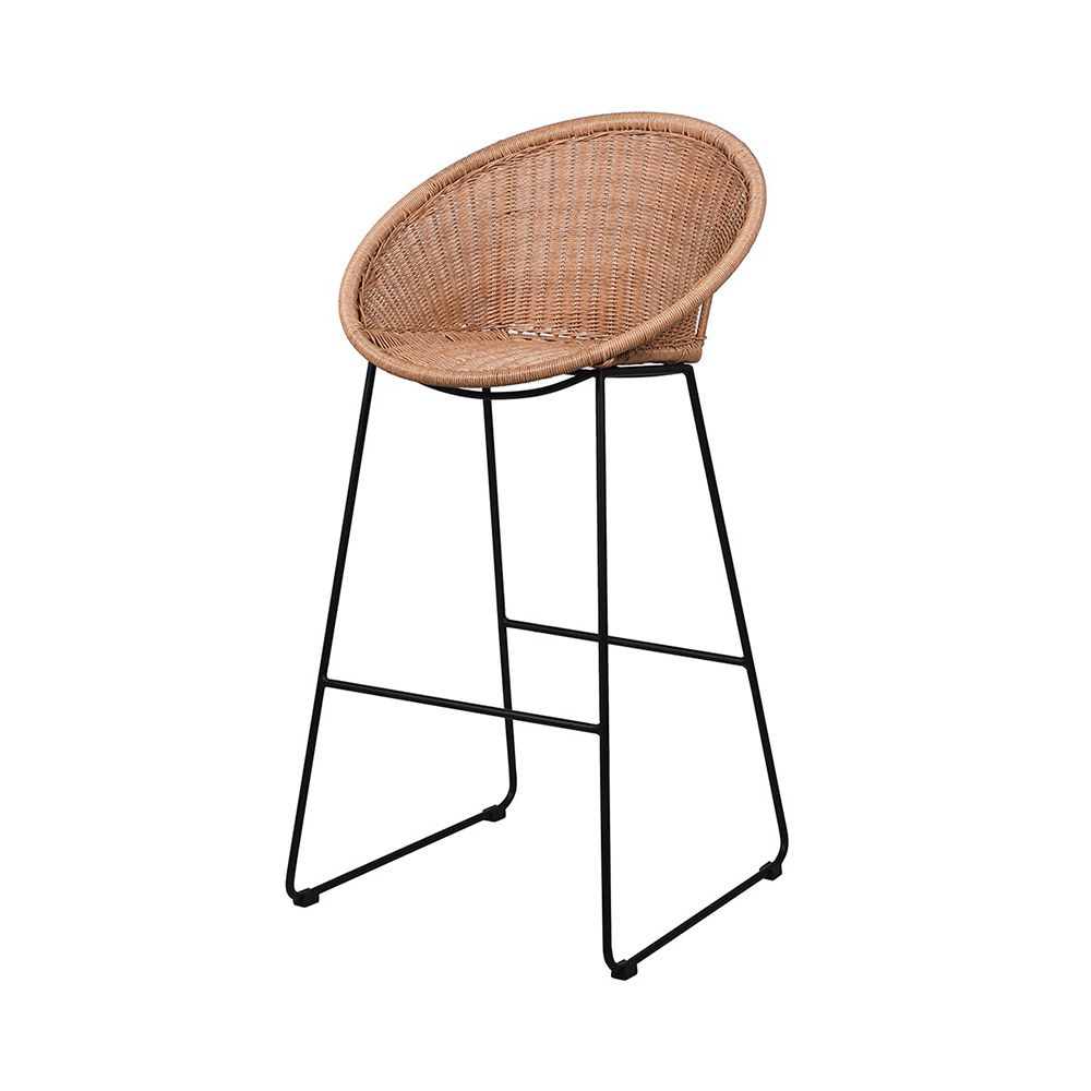 A chic curved bar stool crafted from natural materials with a black finished base