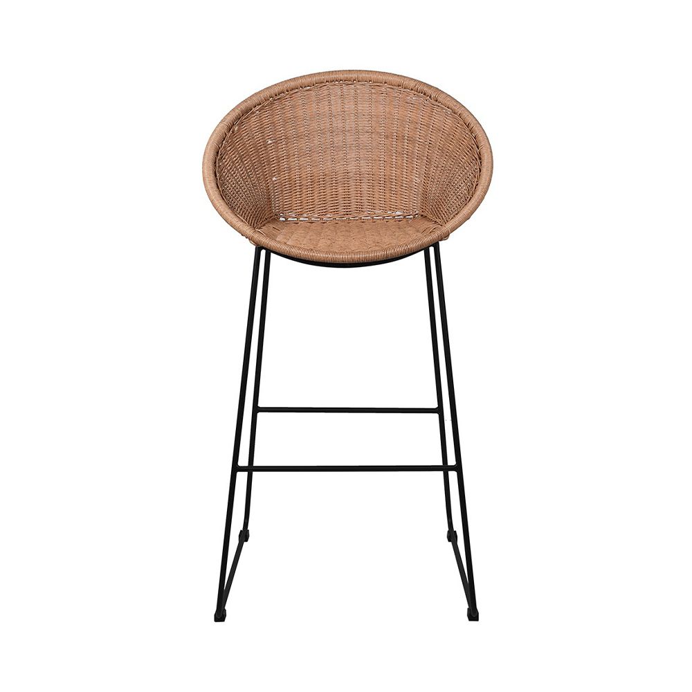 A chic curved bar stool crafted from natural materials with a black finished base