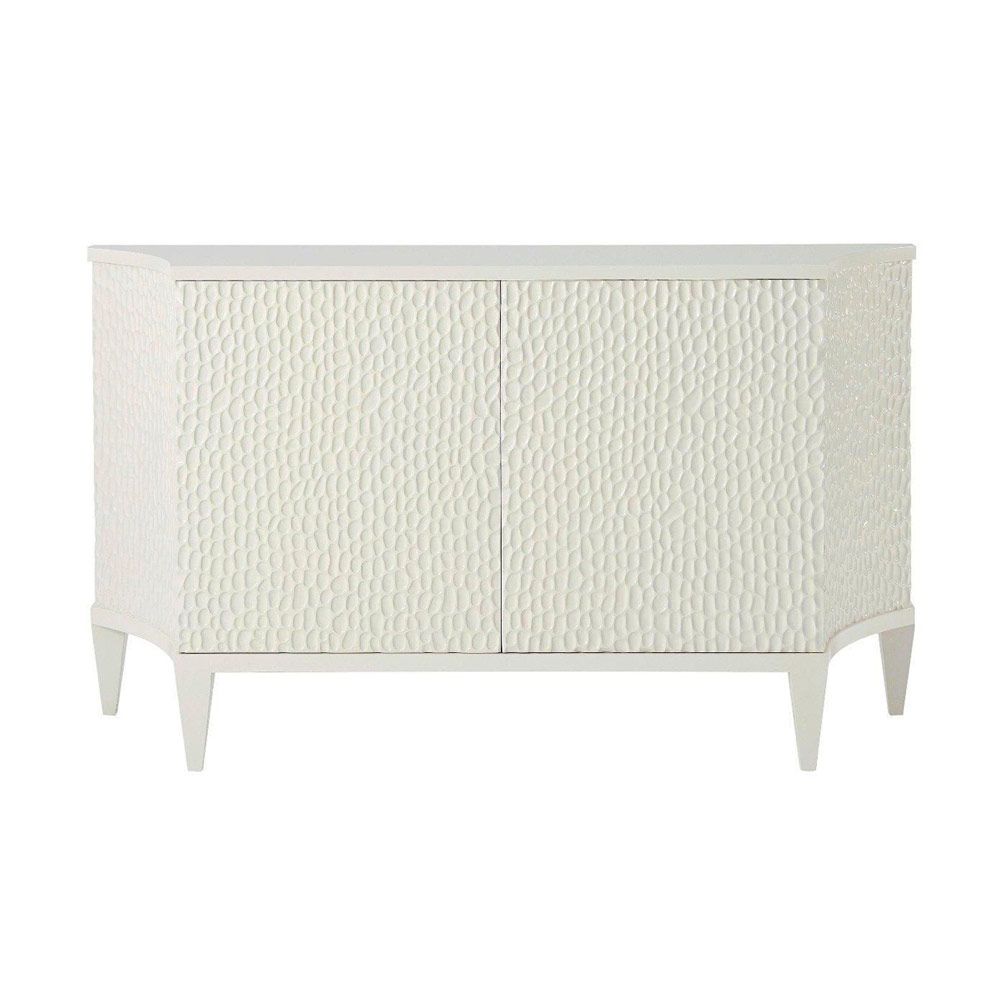 Ravishing, textured white cabinet with curved edges and internal shelving