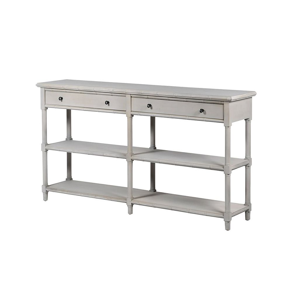 A grey console table with an elegant white wash finish and two drawers 