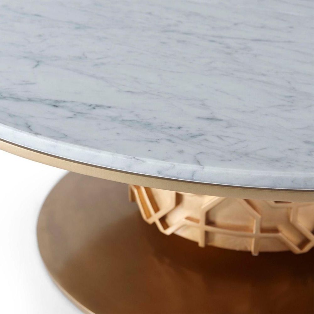 Striking centre table with geometric brass plinth base and round elegant marble top