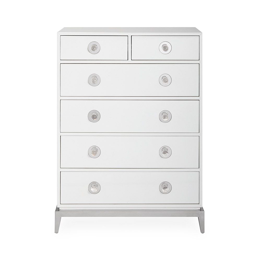 A glamorous Hollywood-inspired six drawer chest with acrylic and nickel details