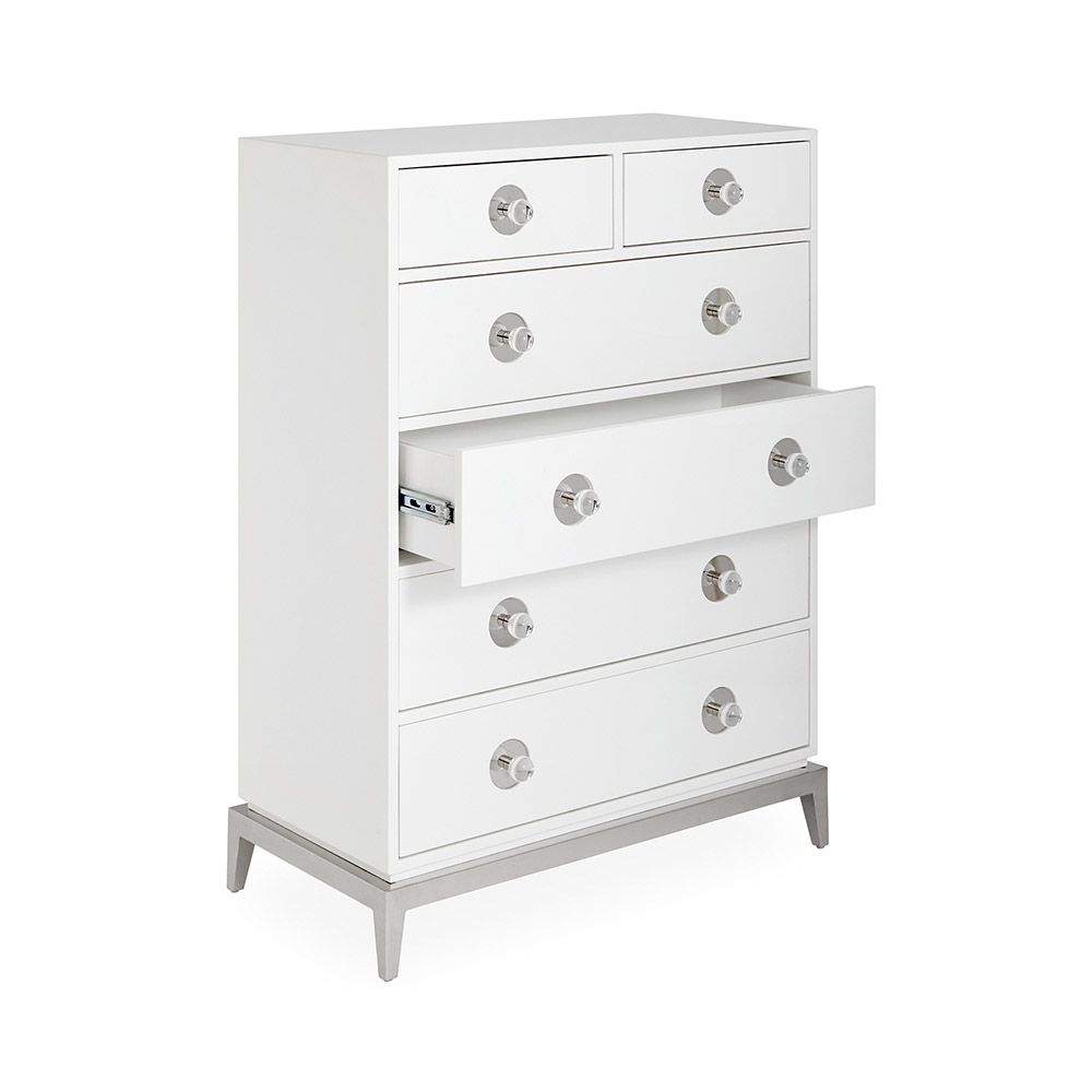 A glamorous Hollywood-inspired six drawer chest with acrylic and nickel details