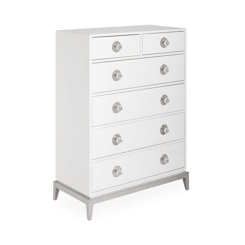 A glamorous Hollywood-inspired six drawer chest with acrylic and nickel details