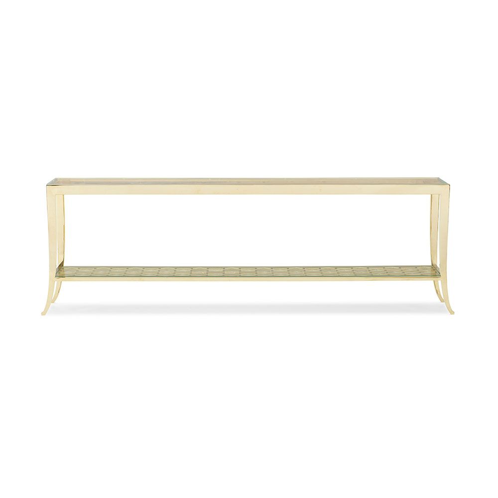 Glamorous console table with sleek glass surface and shelf and metal patterning 