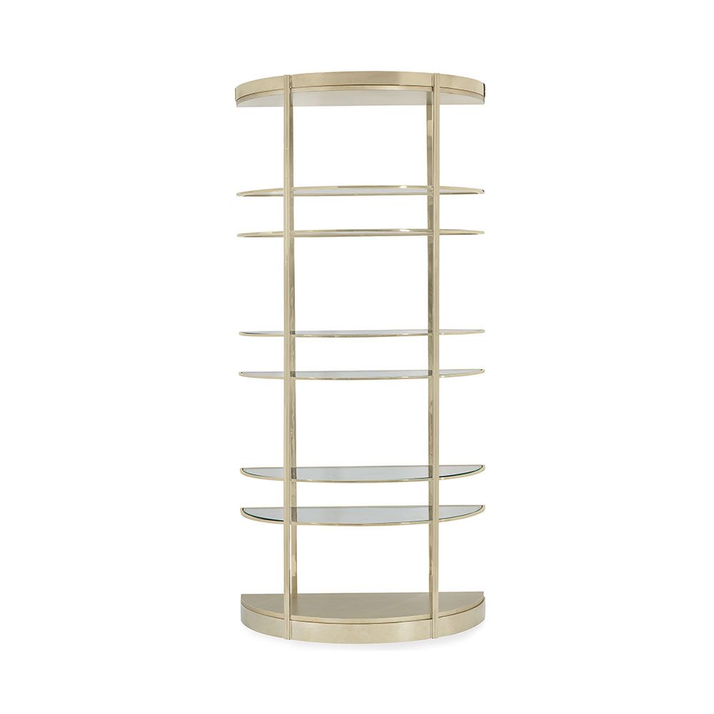 Divine half-moon shaped shelving with smoked glass shelves and gold frame