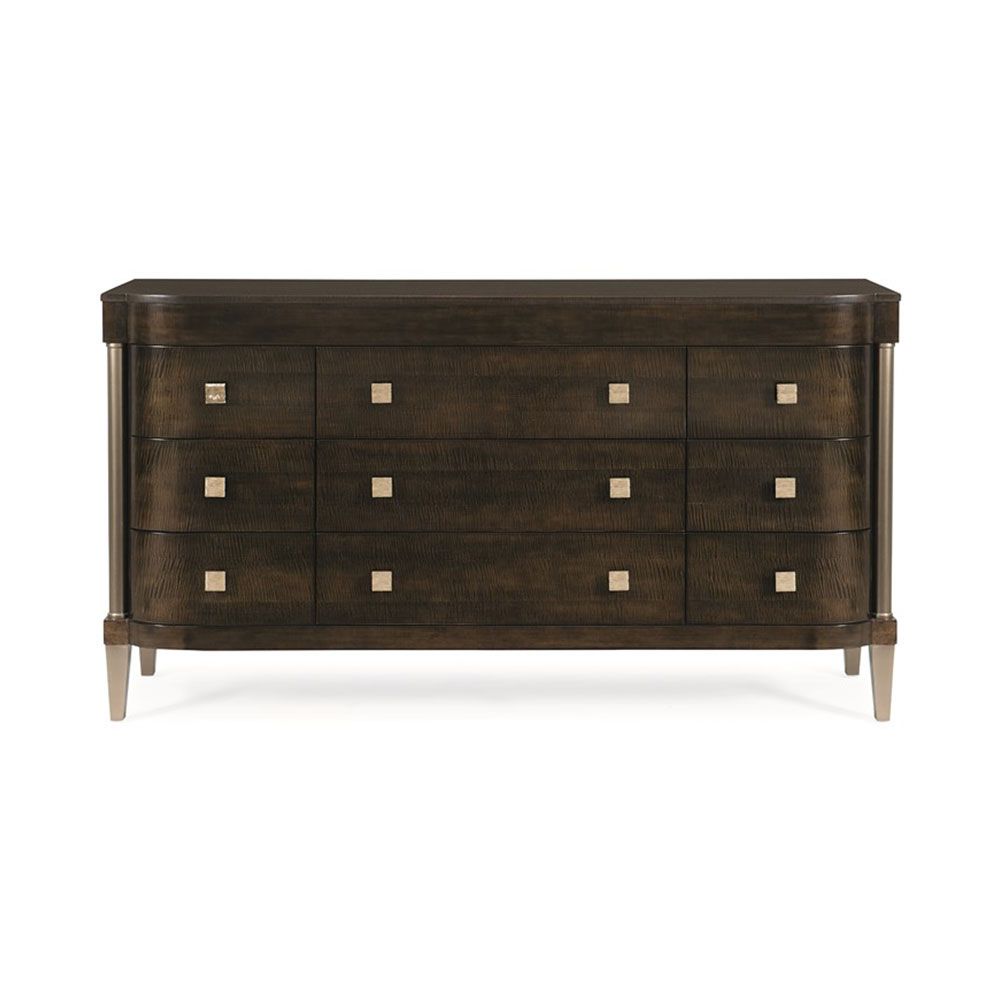 Richly elegant deep brown dresser with bronze accents and square handles