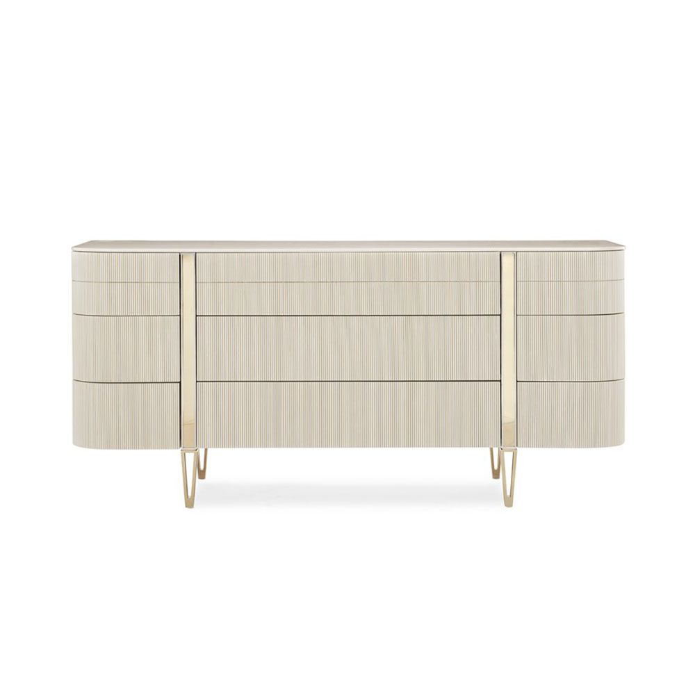 Elegant dresser with ribbed effect on drawers and captivating champagne gold details