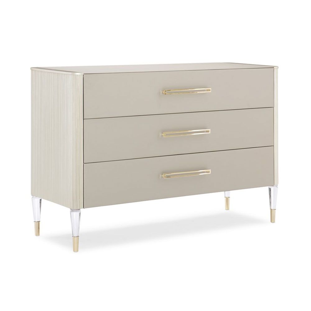 Gorgeously elegant chest of drawers with Matte Pearl finish and acrylic legs with brass details