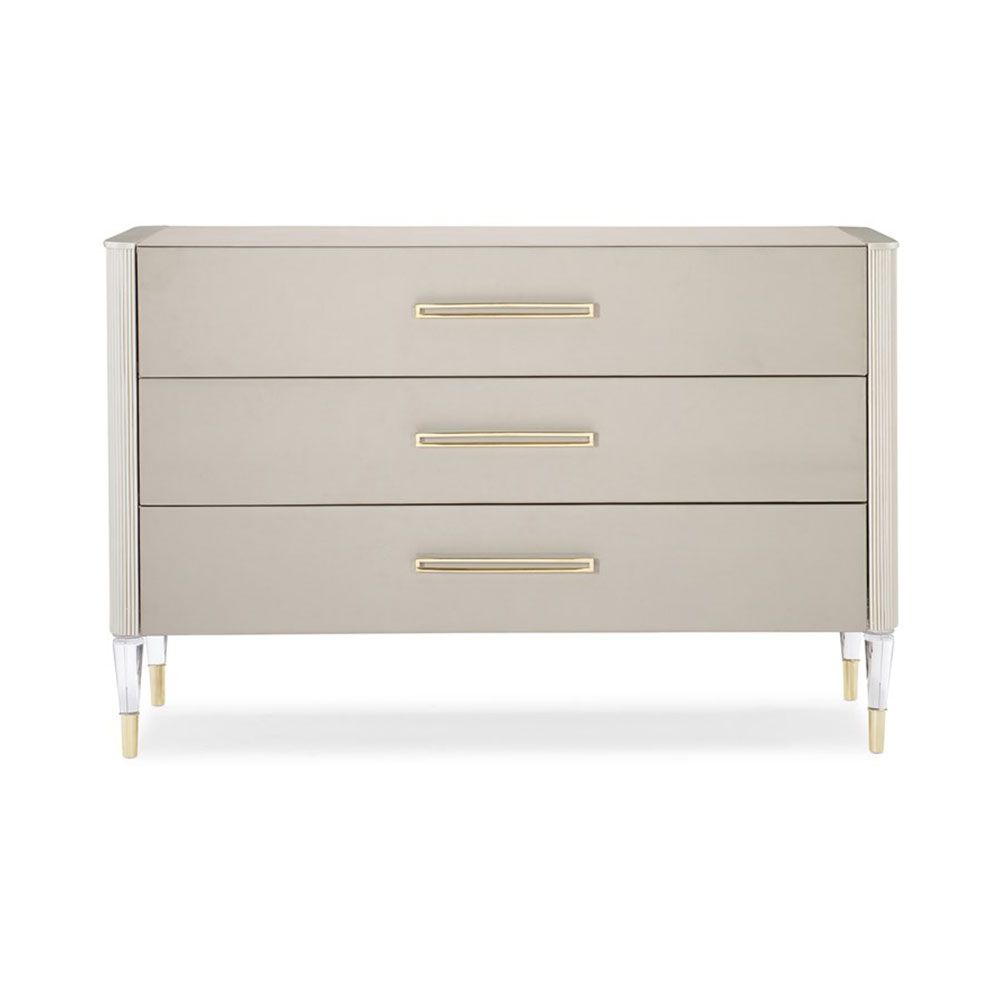 Gorgeously elegant chest of drawers with Matte Pearl finish and acrylic legs with brass details