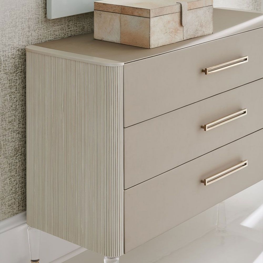 Gorgeously elegant chest of drawers with Matte Pearl finish and acrylic legs with brass details