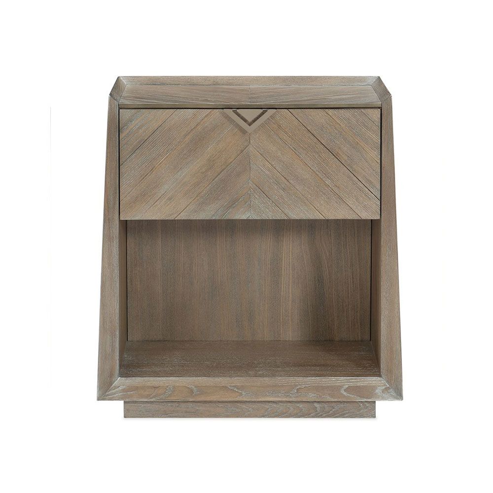 Striking modern bedside table with chevron patterning and triangular dark gold handle