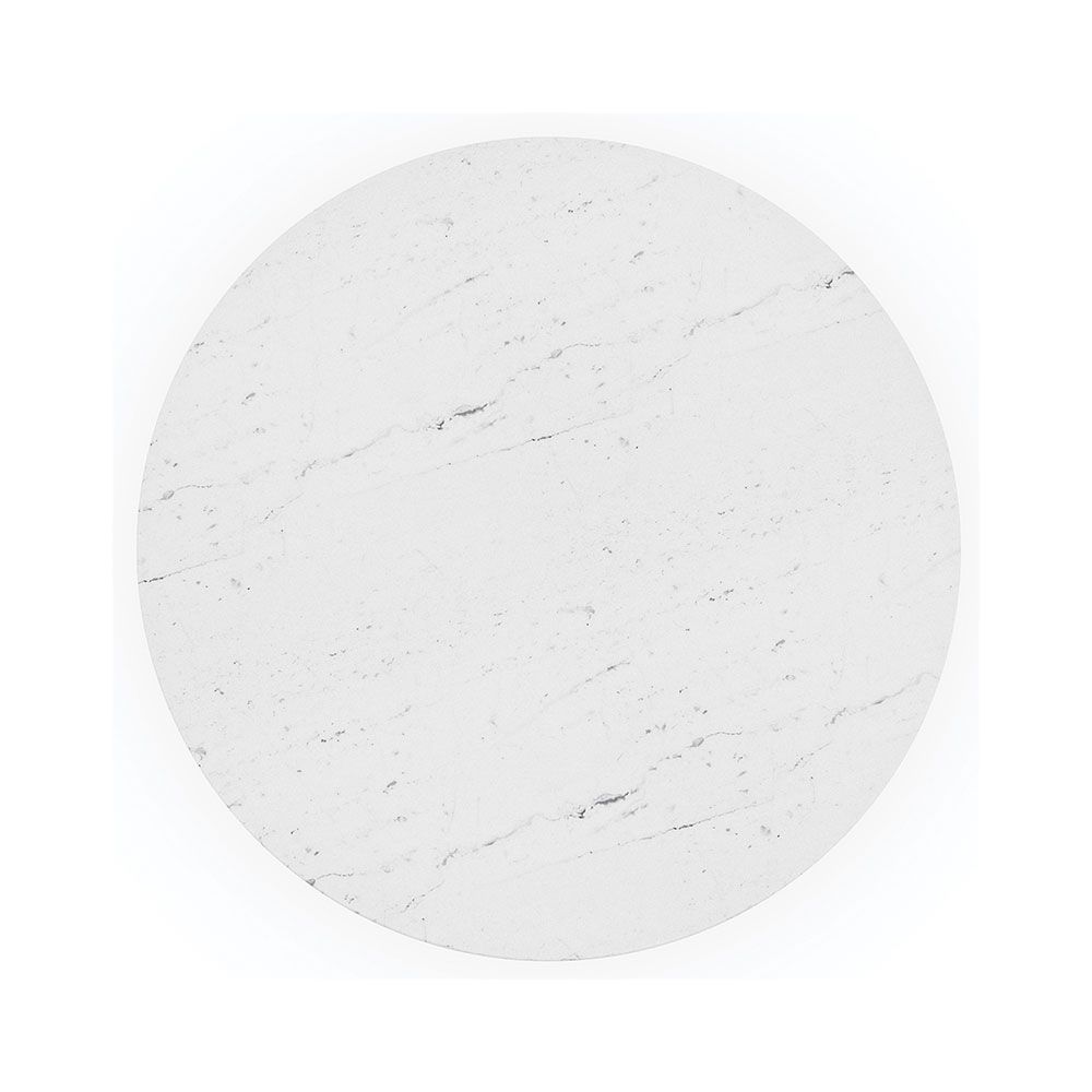 Striking round table with marble top and stylish, conical wooden base 