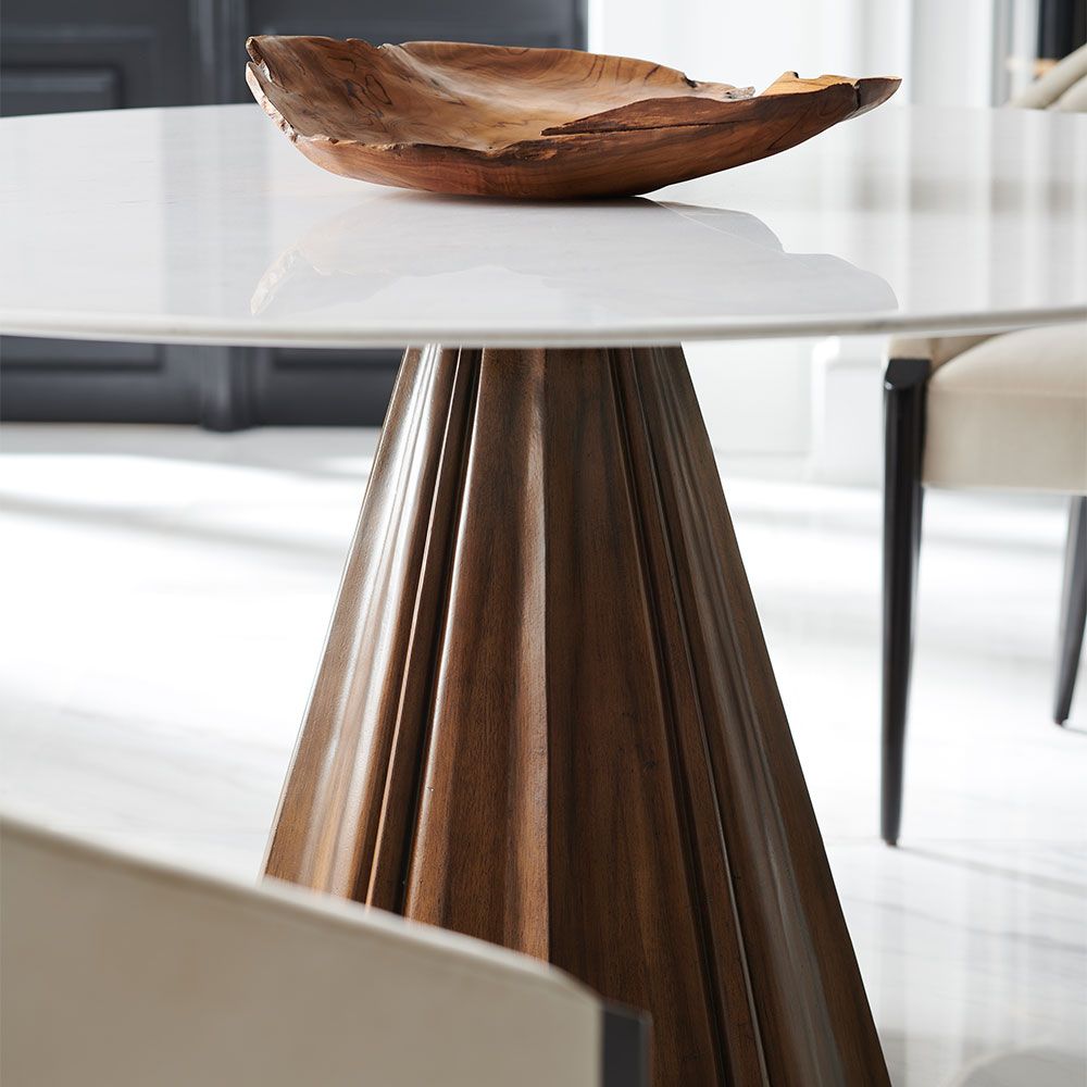 Striking round table with marble top and stylish, conical wooden base 