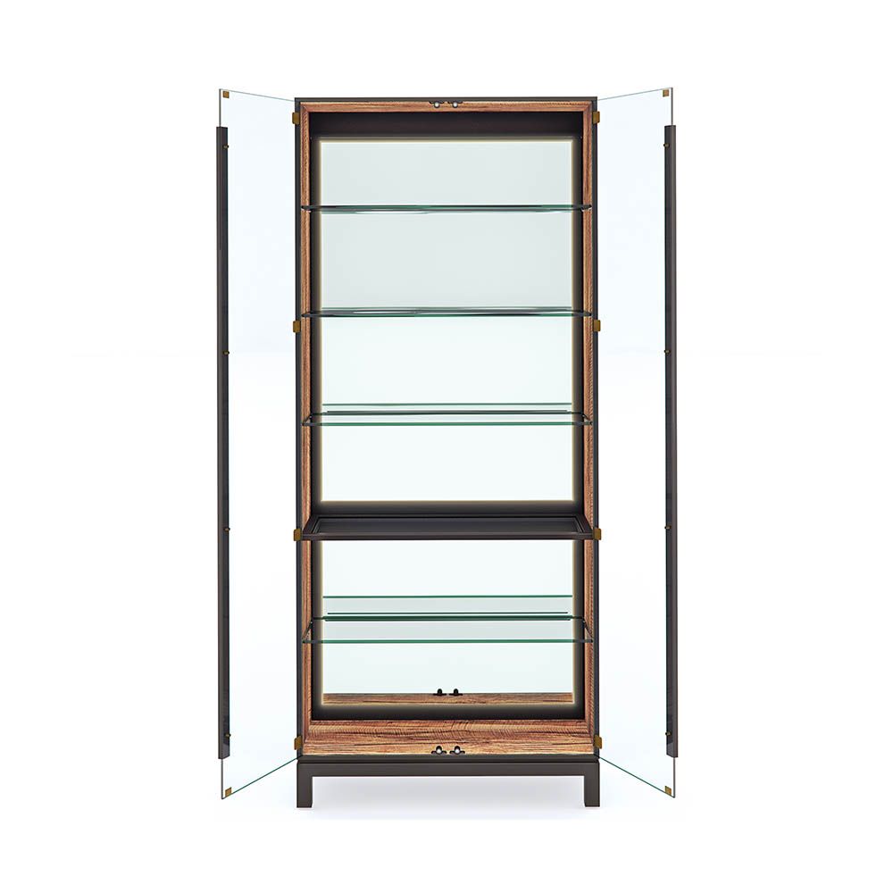 A dazzling modern cabinet with a rich mix of mirror, glass and wood textures