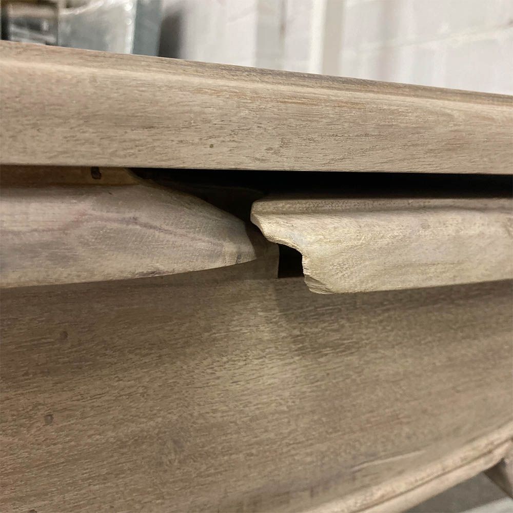French-style dining table with parquet detailed surface and some imperfections