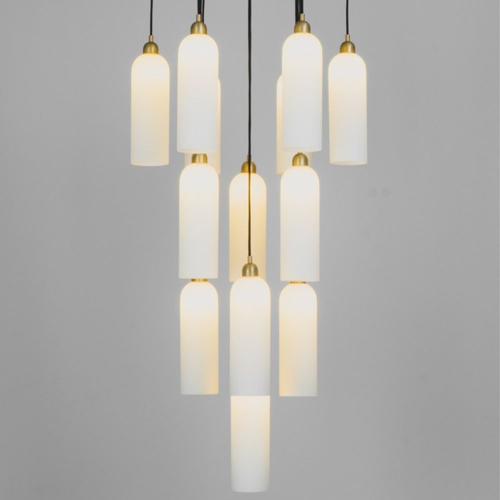 A luxurious chandelier by Schwung with translucent opal glass lampshades and a solid brass structure