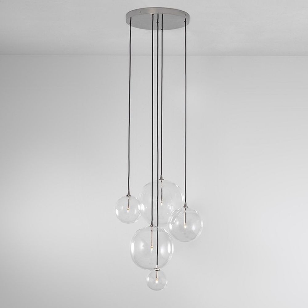 Polished nickel brass industrial chandelier with hanging glass globes