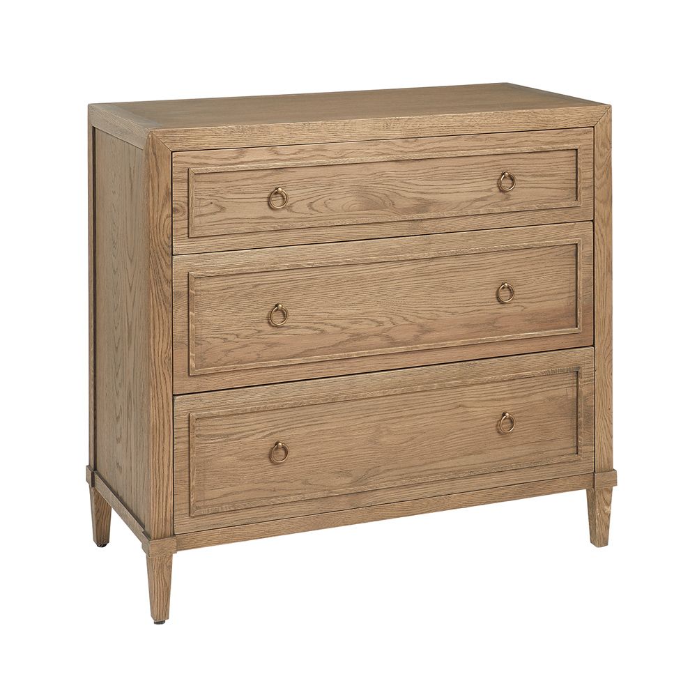 A stylish minimalist oak and plywood three drawer chest of drawers with brass handles