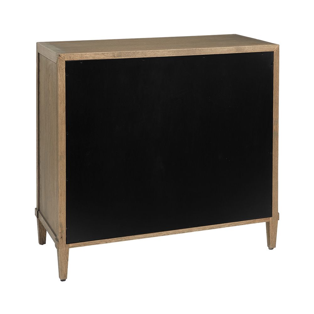 A stylish minimalist oak and plywood three drawer chest of drawers with brass handles