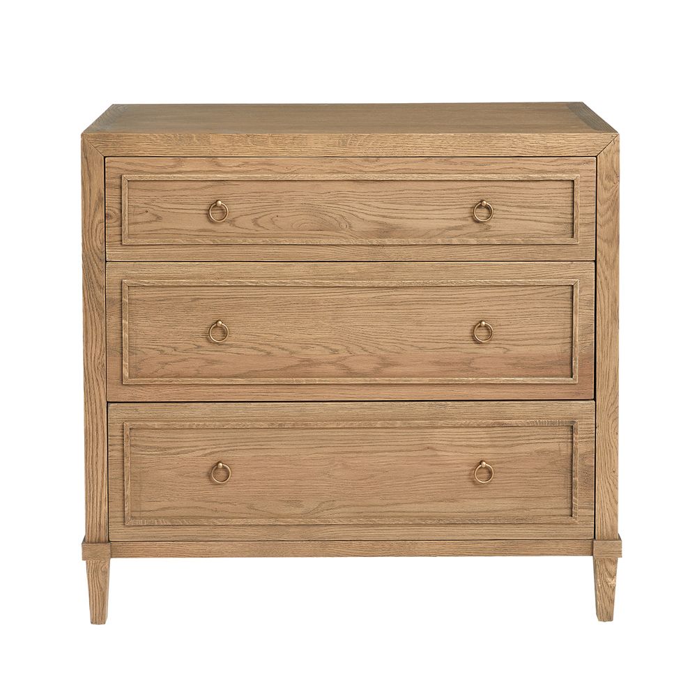 A stylish minimalist oak and plywood three drawer chest of drawers with brass handles