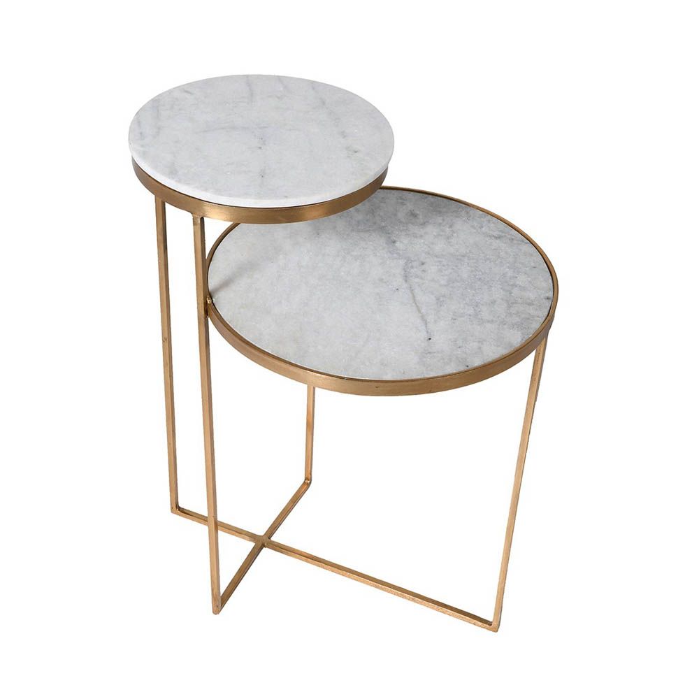 glamorous brass frame side table with white marble surfaces