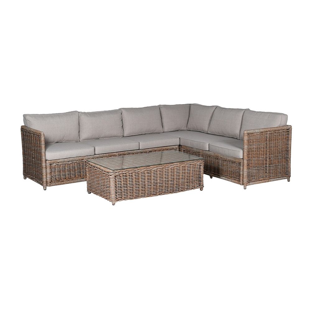 A luxury rattan outdoor garden set featuring a modular corner sofa, armchair, stool and coffee table
