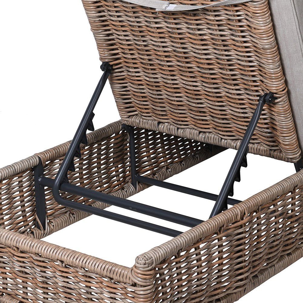 A beautiful and adjustable rattan outdoor lounger complete with two grey soft seat cushions