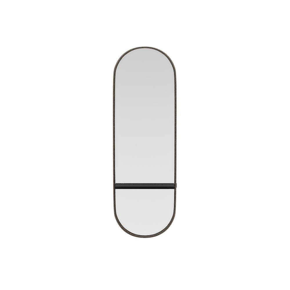 A luxurious mirror in a fabric finish with a wooden shelf - available in small and large