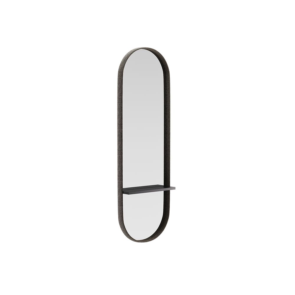 A luxurious mirror in a fabric finish with a wooden shelf - available in small and large