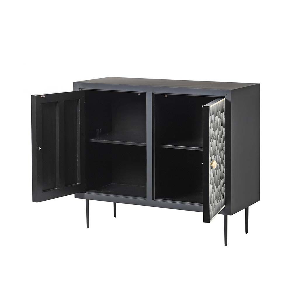 A luxurious black and ivory cabinet with interior shelving and elaborate bone inlay detailing