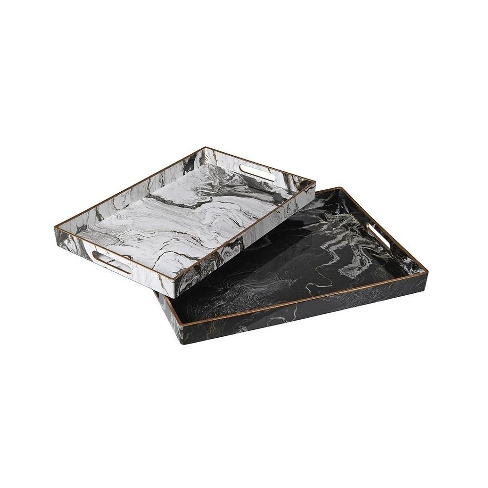 Set of 2 marble effect trays in black and white with gold detailing