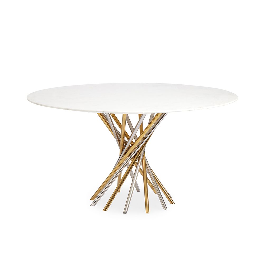 A contemporary marble table with a nickel and brass base