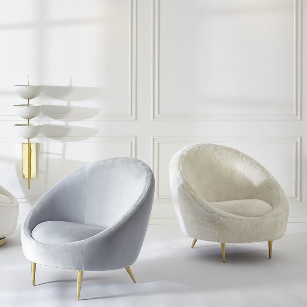 Luxurious Jonathan Adler white shearling fur armchair with golden legs