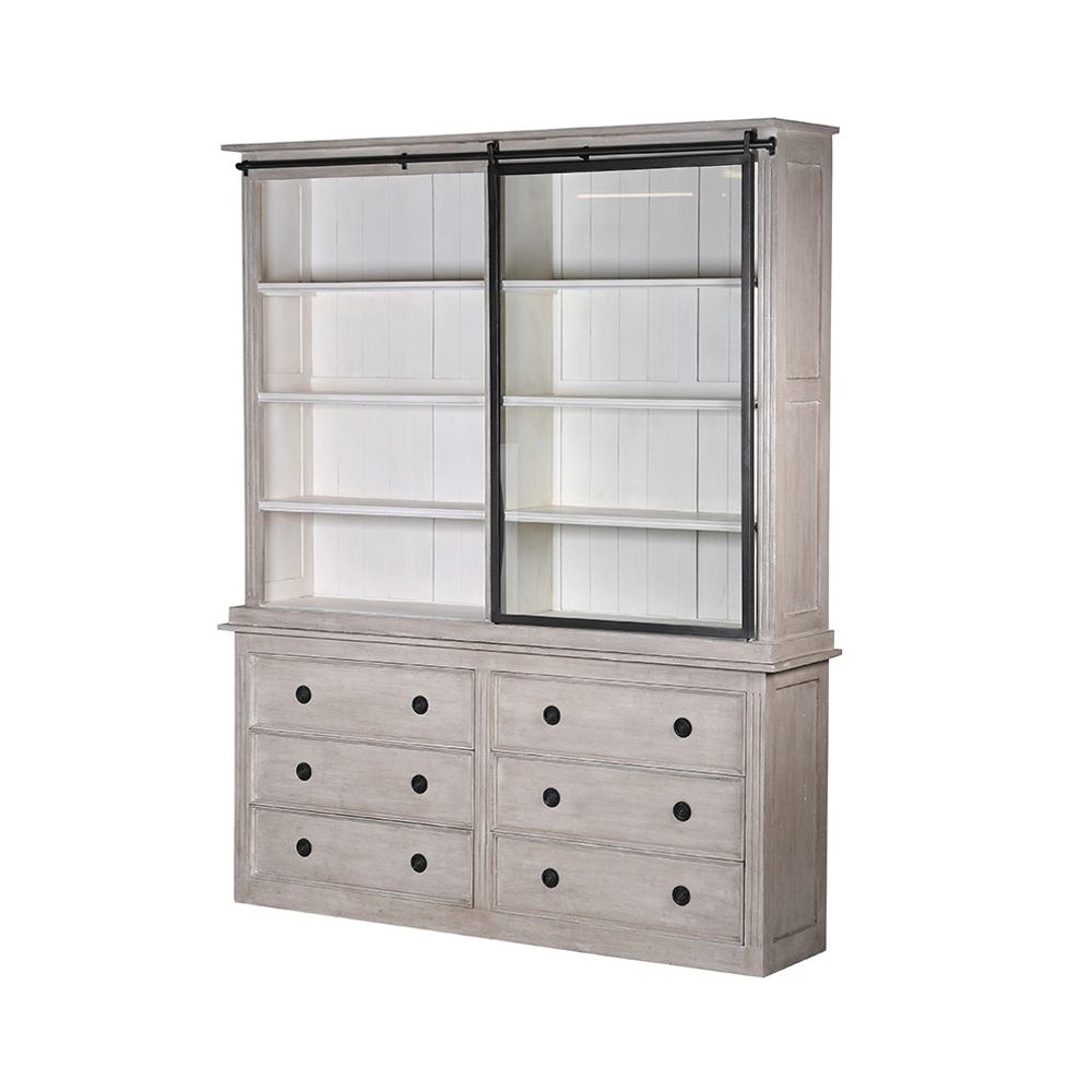 wooden display cabinet with drawers and sliding window