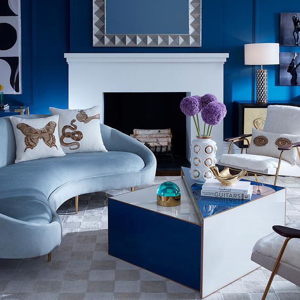 Glamorous blue and green painted nesting coffee tables with polished brass finish