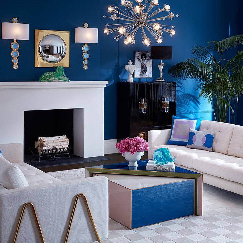 Glamorous blue and green painted nesting coffee tables with polished brass finish