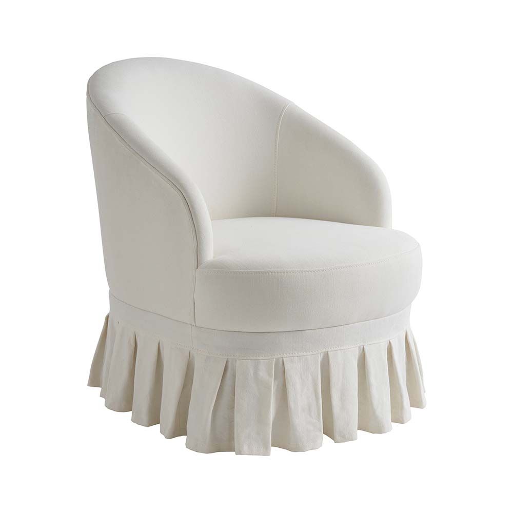 A luxurious, French-style off-white cotton and linen blend armchair with pleated fringing