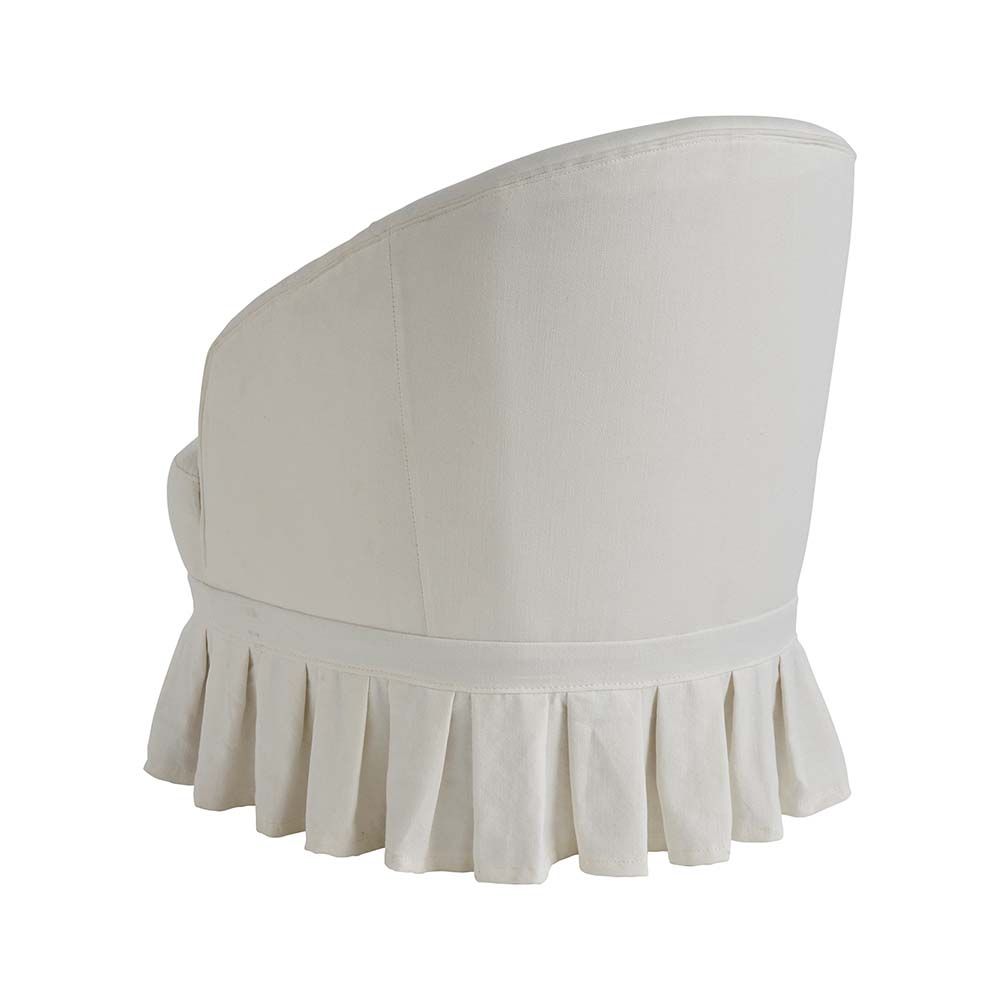 A luxurious, French-style off-white cotton and linen blend armchair with pleated fringing