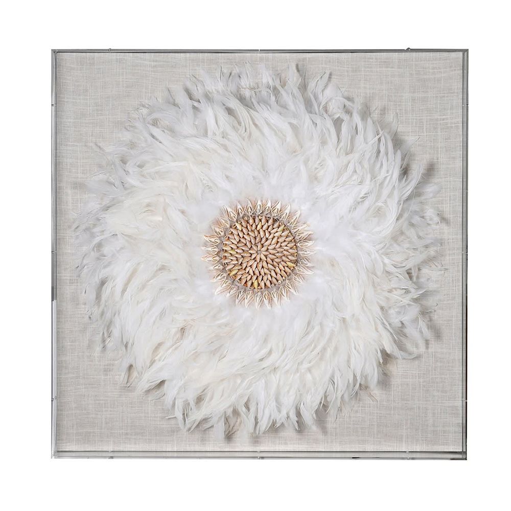 Luxurious boxed white feather wall art in frame 