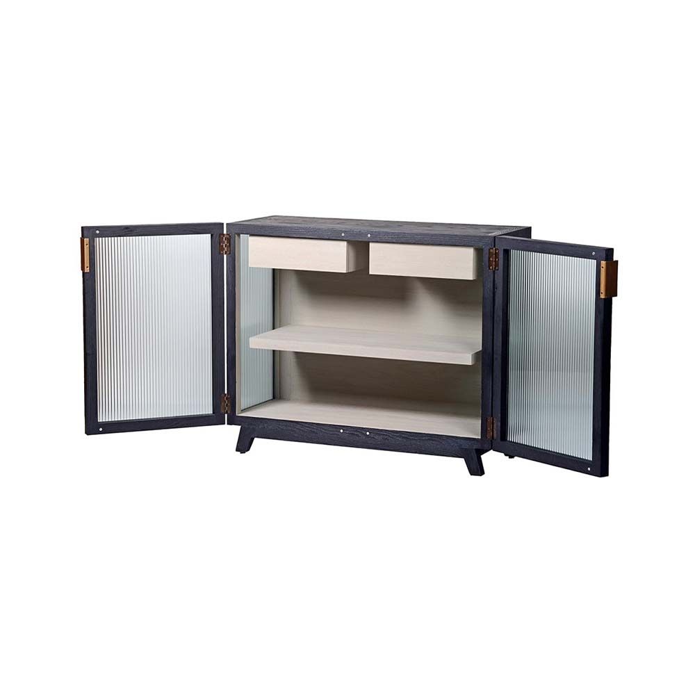 A luxe two door cabinet with two shelves, two drawers and brass hardware