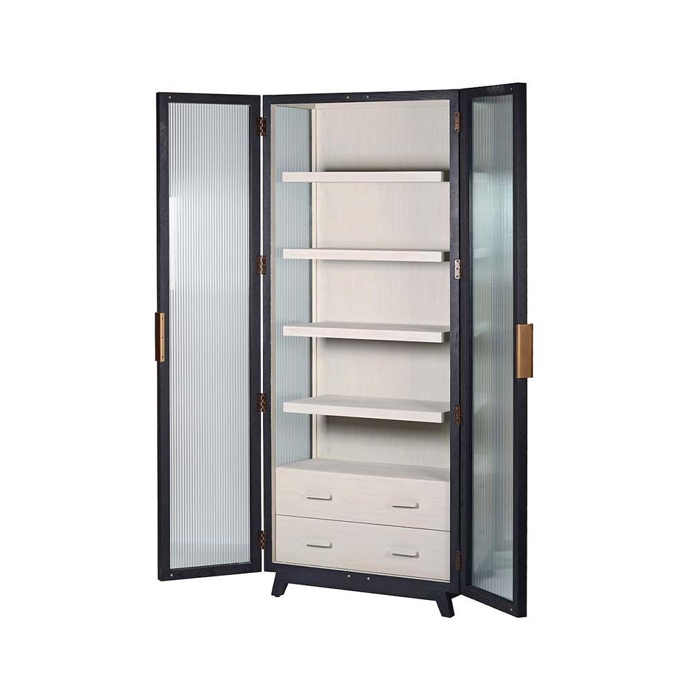 A decadent display cabinet with fluted glass doors and brass handles