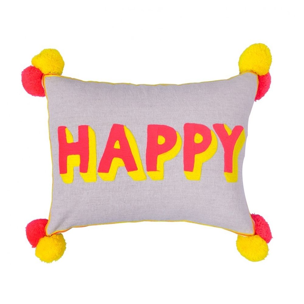 Pop art 'Happy' red and yellow pom-pom cushion