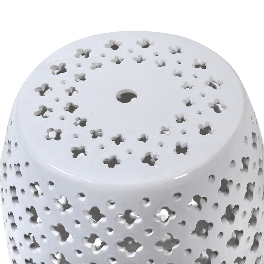 A wonderful white ceramic stool with a feminine pierced pattern 