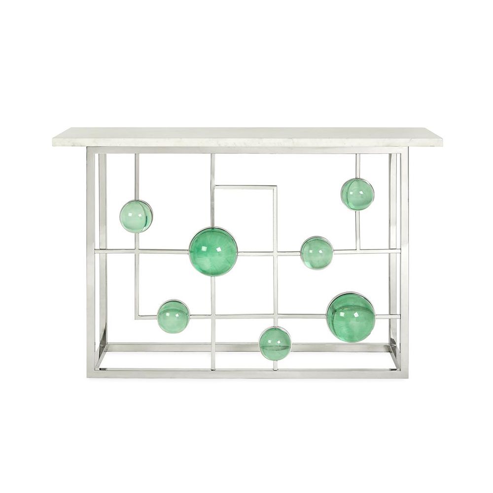 A stylish polished nickel console with emerald acrylic cabochons and marble top