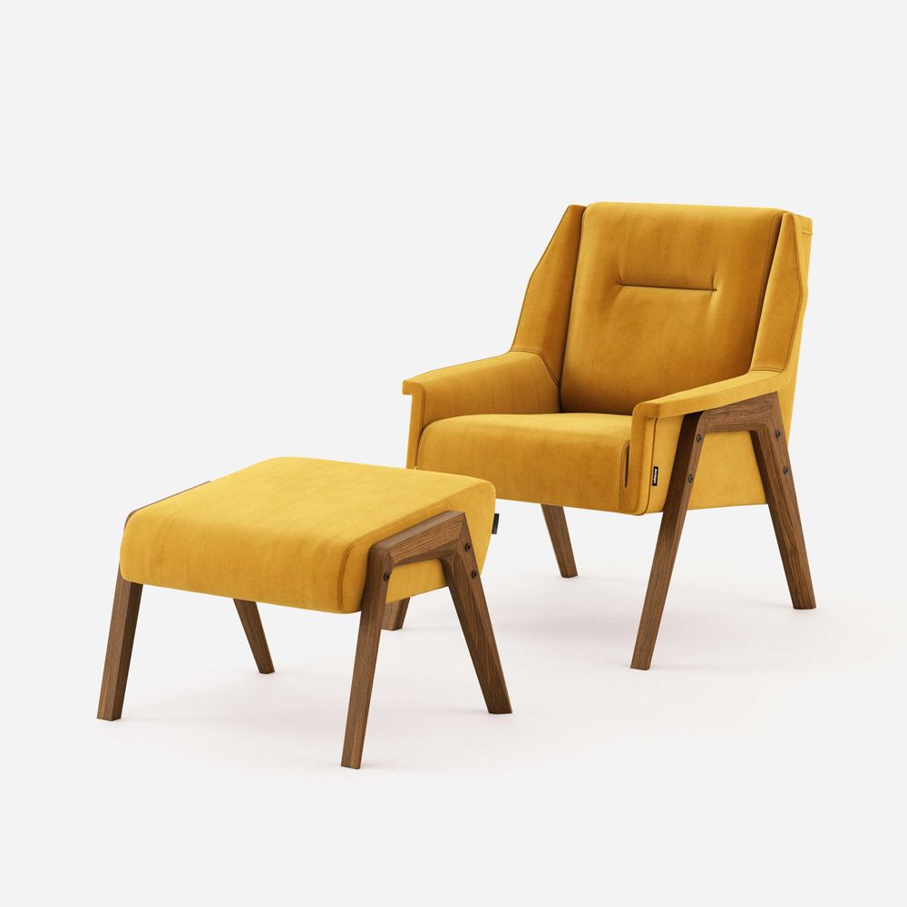 A stylish vibrant velvet ottoman with walnut wood legs 