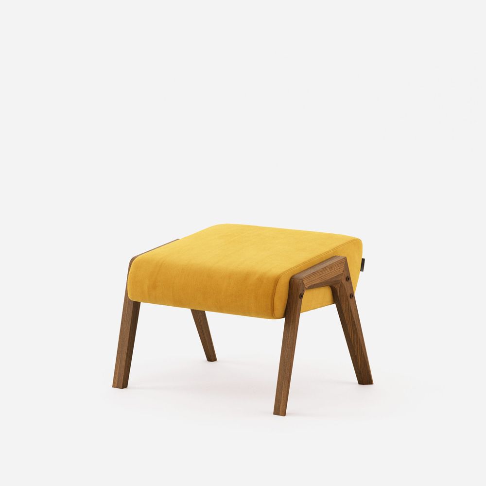 A stylish vibrant velvet ottoman with walnut wood legs 
